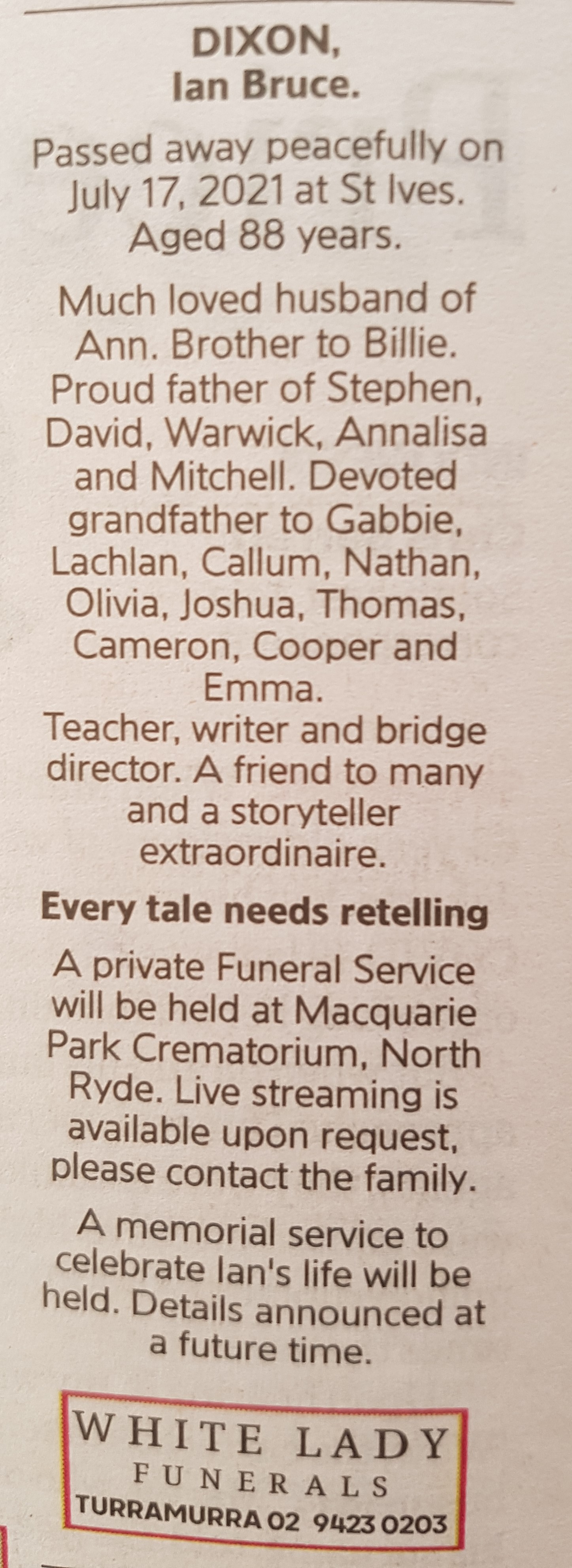 ian dixon funeral